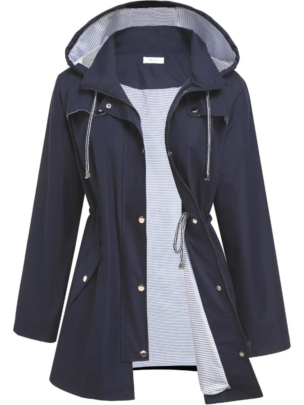 Women's Navy Blue Lightweight Two Pockets Waterproof Lined Raincoat Trench Coat